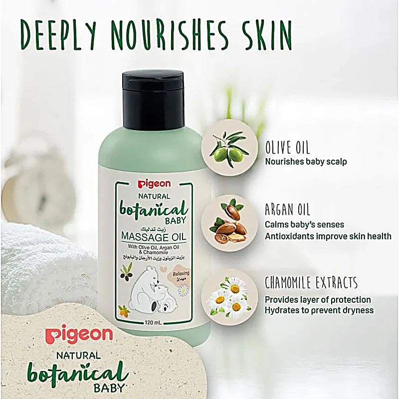 Pigeon Natural Botanical Baby Massage Oil 120ml bottle with jojoba and chamomile for sensitive baby skin