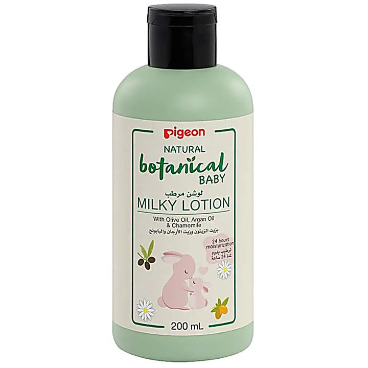 Pigeon Natural Botanical Baby Milky Lotion 200ml bottle with chamomile and olive oil design.