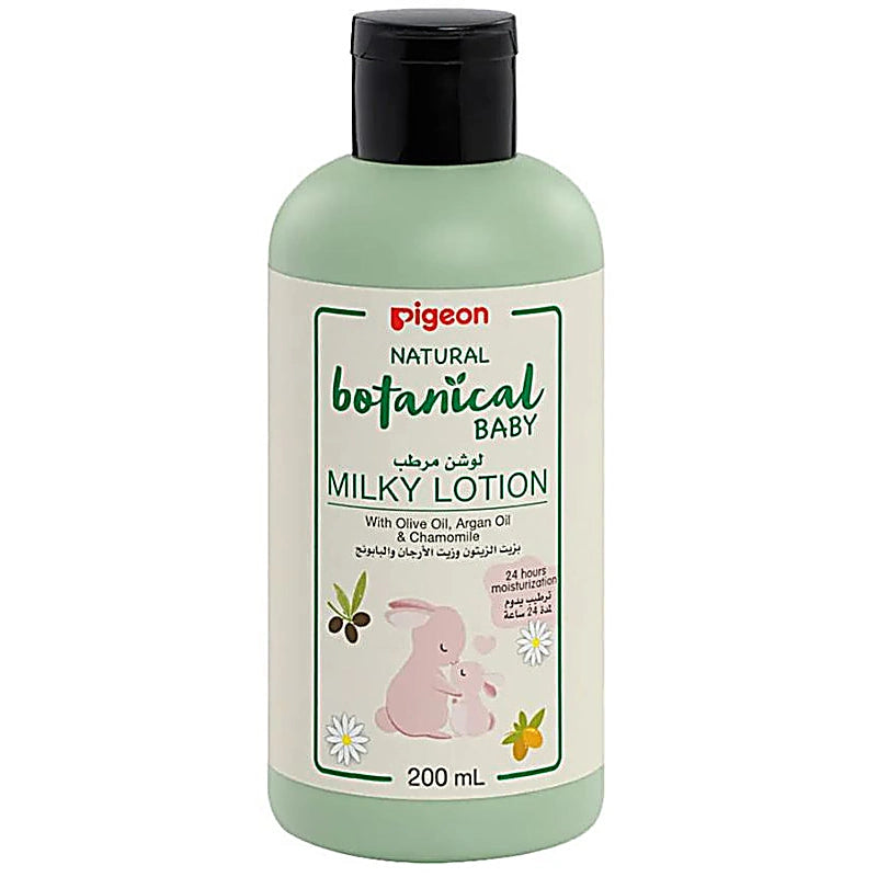 Pigeon Natural Botanical Baby Milky Lotion 200ml bottle with chamomile and olive oil design.
