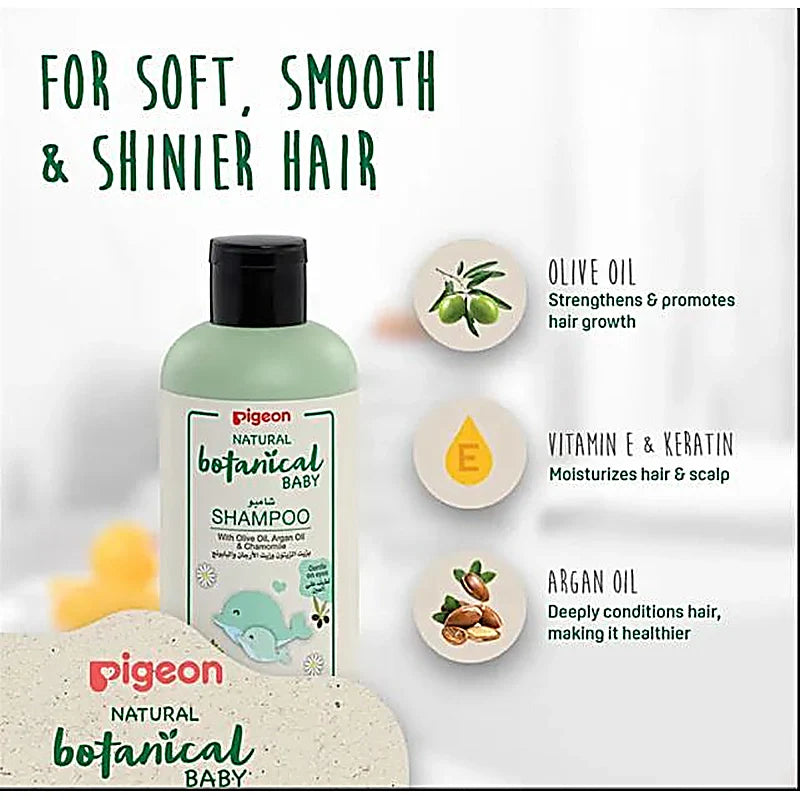 Pigeon Natural Botanical baby shampoo 200ml with olive, argan, and chamomile extracts for gentle, hypoallergenic hair care
