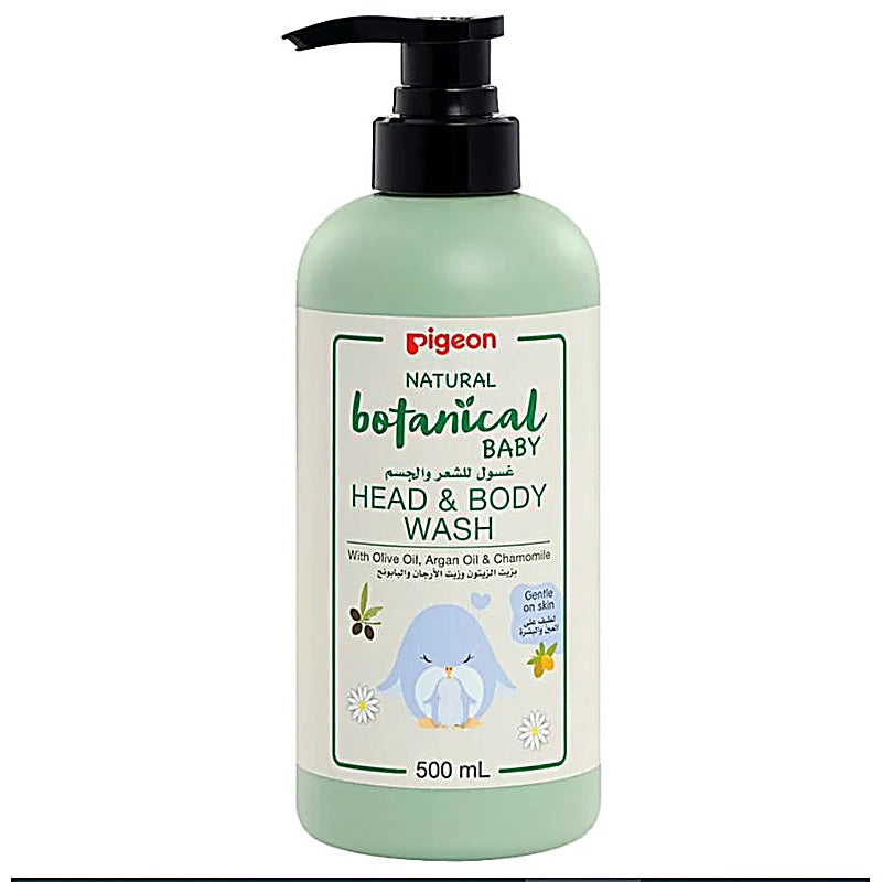 Pigeon Natural Botanical Baby Shampoo 500ml bottle with pump dispenser
 enriched with olive
 argan
 and chamomile
 hypoallergenic formula for sensitive baby skin and scalp.