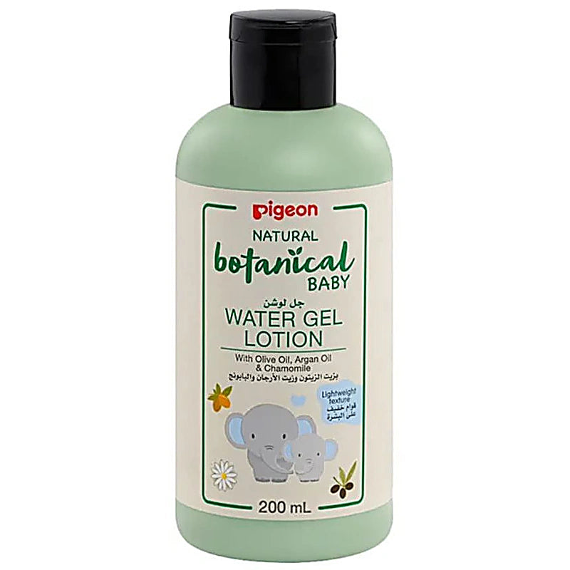 Pigeon Natural Botanical Baby Water Gel Lotion 200ml bottle with hypoallergenic formula
 enriched with Argan
 Olive
 and Chamomile extracts.