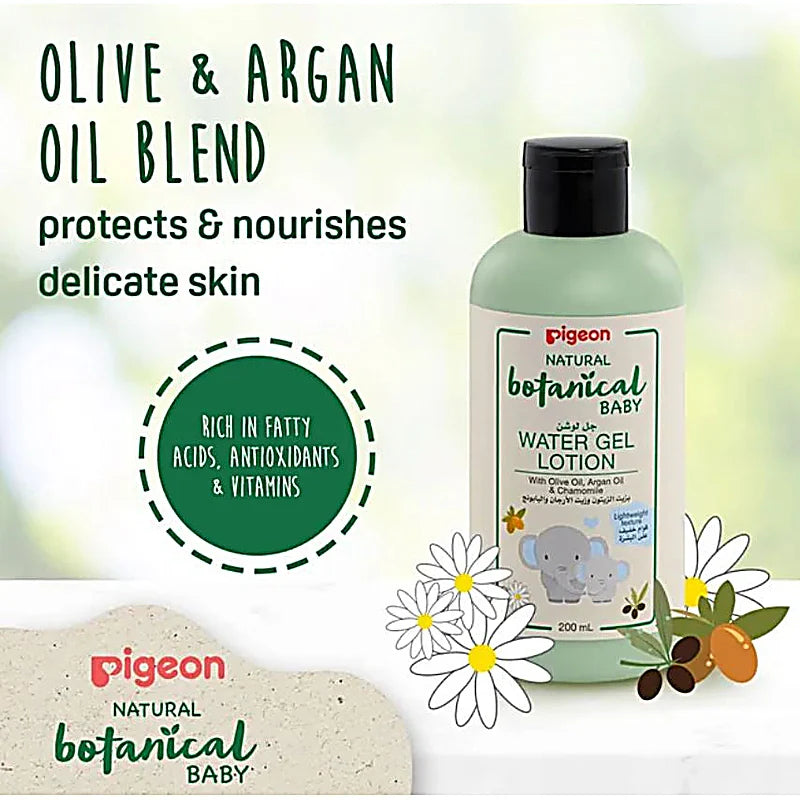 Pigeon Natural Botanical Baby Water Gel Lotion 200ml with Argan, Olive, and Chamomile extracts for gentle, hypoallergenic hydration