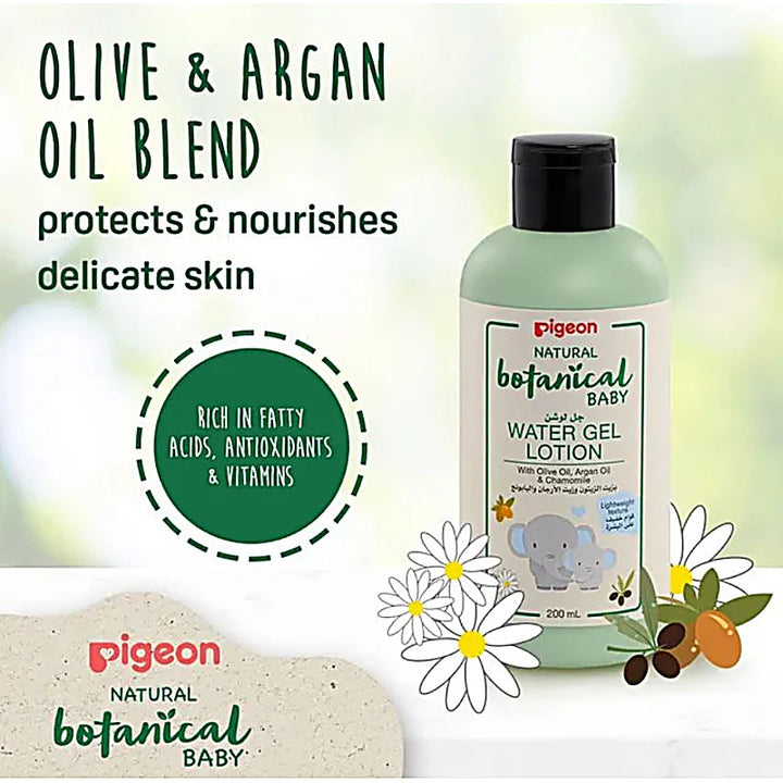 Pigeon Natural Botanical Baby Water Gel Lotion 200ml with Argan, Olive, and Chamomile extracts for gentle, hypoallergenic hydration