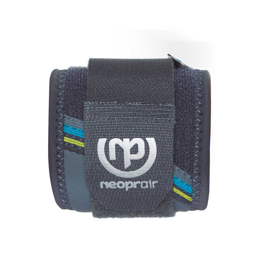 Bandage-style wrist support with neoprene for therapeutic heat and breathability, blue and gray design, adjustable strap.