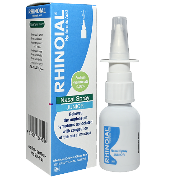 Junior nasal spray with hyaluronic acid for hydration and effective congestion relief.