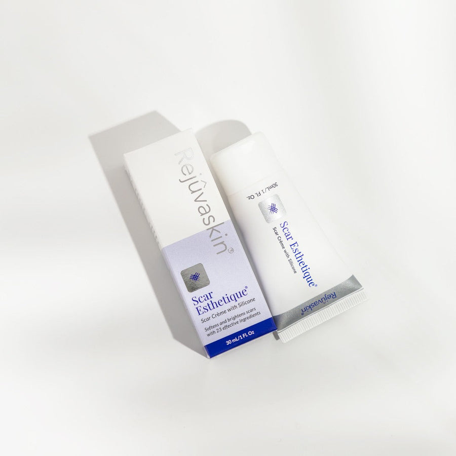 Rejuvaskin Scar Esthetique cream tube and box for scar treatment with silicone and antioxidants.