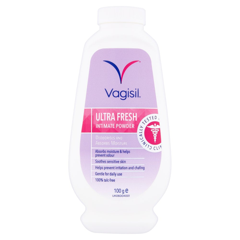 Vagisil Feminine Powder 100g bottle, talc-free, moisture-absorbing, odor-preventing, suitable for sensitive skin.