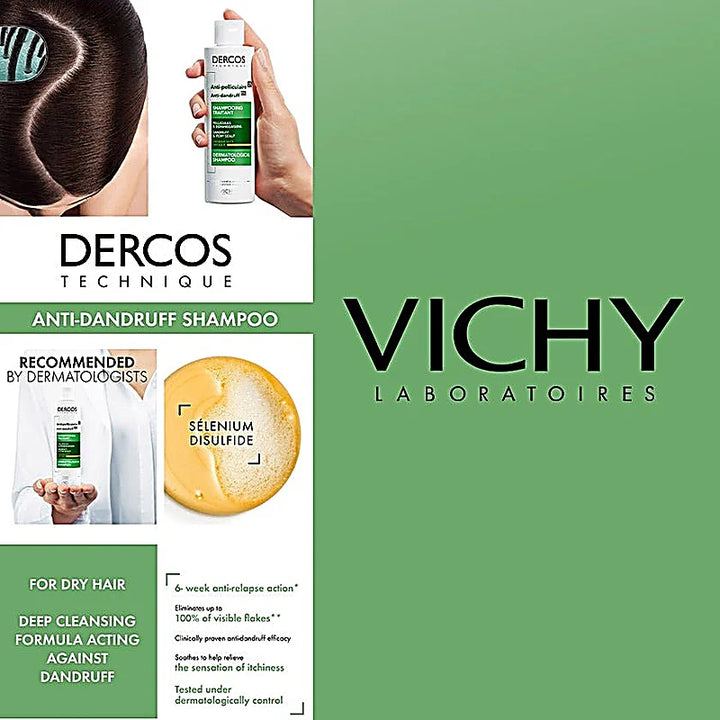 Vichy Dercos Anti-dandruff DS Dry Hair Shampoo 390ml bottle with anti-flake formula and menthol for cleansing and soothing scalp