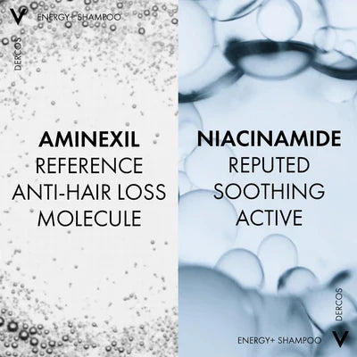 Vichy Dercos Energy+ stimulating hair loss shampoo bottle 400ml with Aminexil and Vitamin E for stronger, revitalized hair
