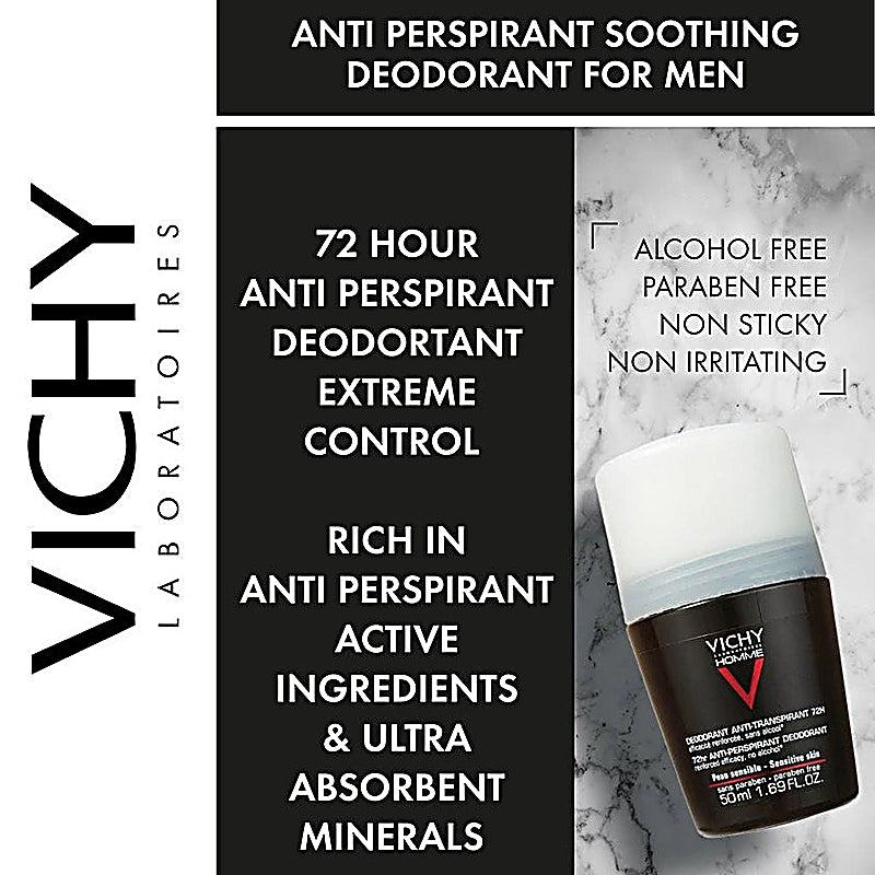 Vichy Homme Deodorant Anti Perspirant 72Hr Roll On For Men 50ml