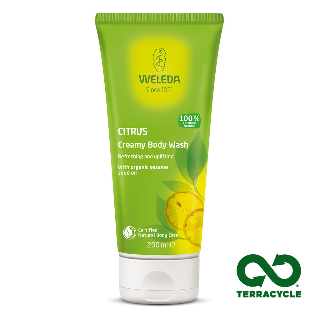 Weleda Citrus Creamy Body Wash 200ml tube with lemon scent and natural moisturizing ingredients.