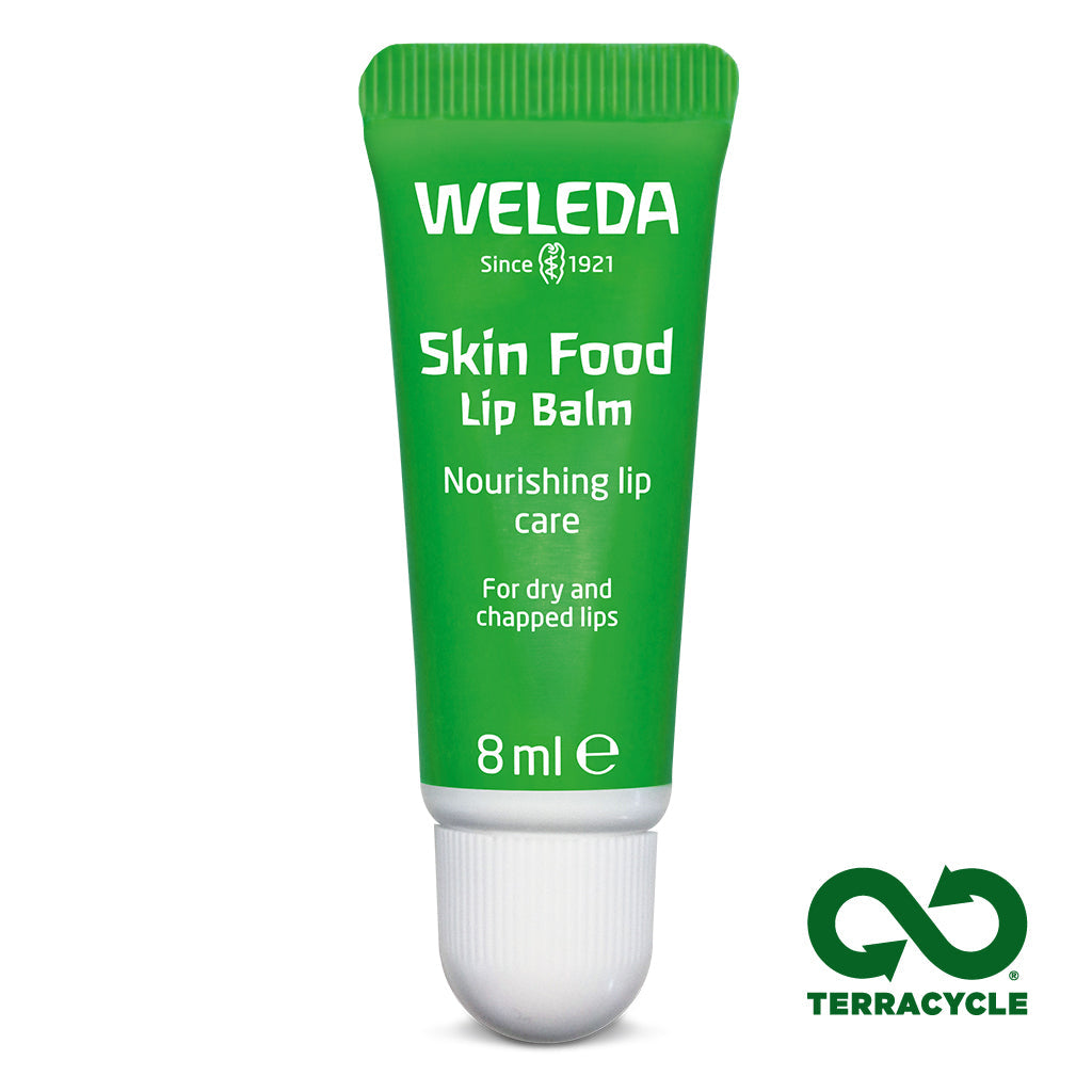 Weleda Skin Food Lip Balm 8ml tube for dry chapped lips, nourishing botanical extracts.