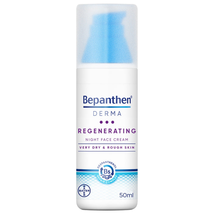 Bepanthen Derma Regenerating Night Face Cream 50ml packaging, deeply moisturizing and fragrance-free formula.