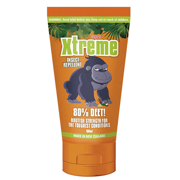 A tube of Repel Extreme Insect Repellent Lotion with 80% DEET, featuring an illustration of a gorilla on the packaging.