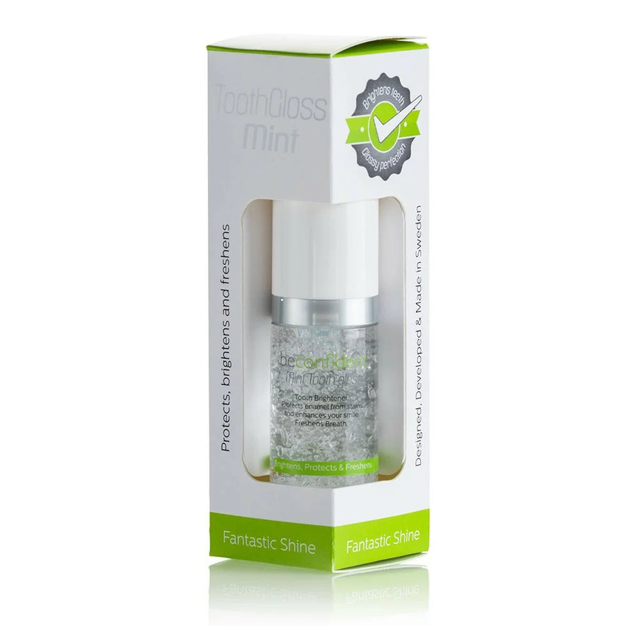 Beconfident Tooth Gloss Mint in a 15ml packaging, with a white and green label, indicating it polishes and protects teeth.