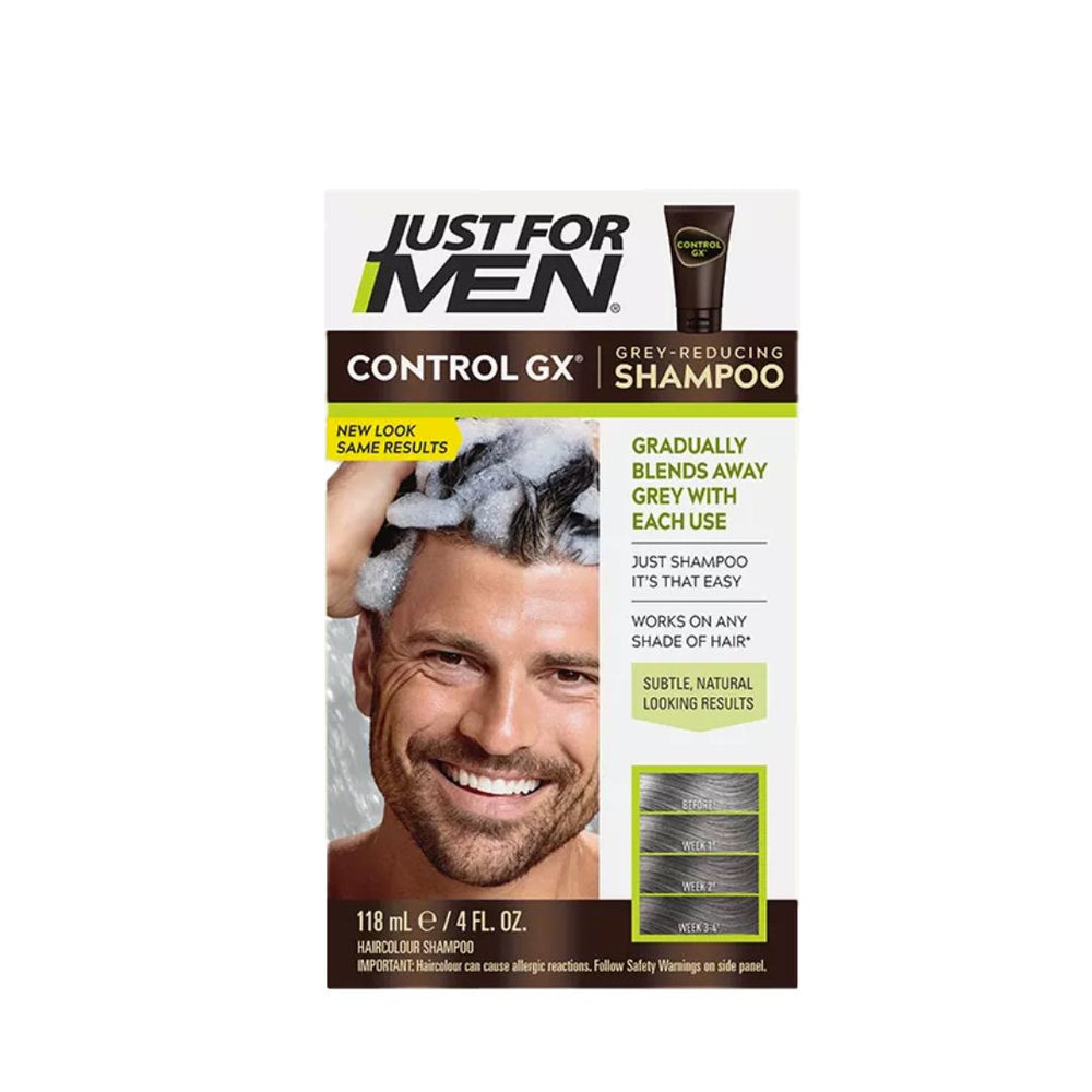 Just For Men Control GX Gray Reducing Shampoo 118ml packaging showing gradual gray reduction benefits.
