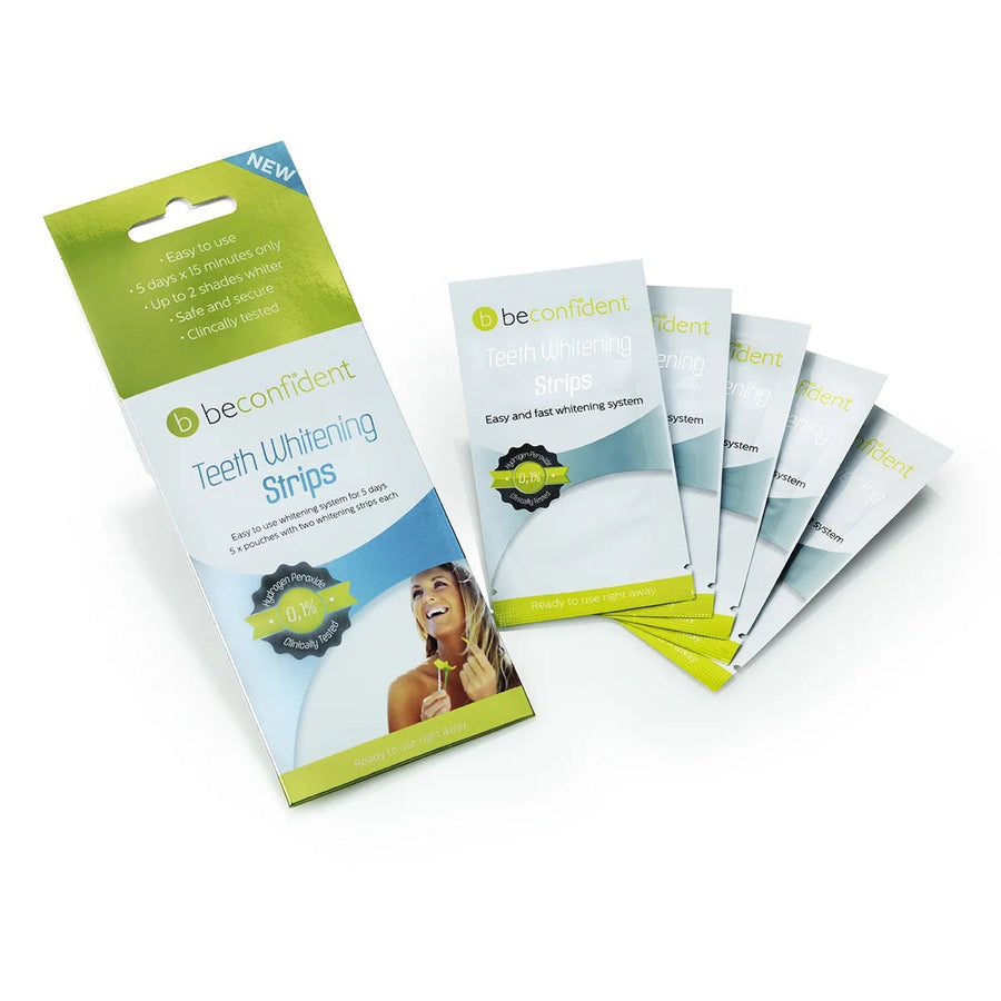 Packaging for Beconfident Teeth Whitening Strips, showing individual sachets with the product name and a visual of a smiling person using the strips.