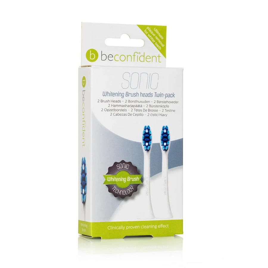 Packaging of Beconfident Sonic Whitening Brushhead Twinpack with one white and one blue toothbrush head visible through the clear window.