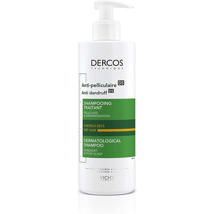 Vichy Dercos Anti-dandruff DS Dry Hair Shampoo 390ml bottle with label and pump dispenser.