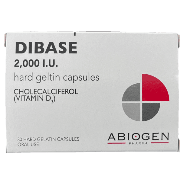 Dibase 2000.I.U. capsules box with cholecalciferol (vitamin D3) 30-pack.
